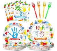 96Pcs Hi Five Party Decorations Colorful High 5 Year Old Plates And Napkins Tableware Sets Hi FIVE Plates Set 5th Birthday Decorations for Kids Girls Boys 5 Years Old Birthday Party Supplies Serves 24