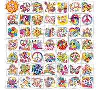 96PCS Hippie Temporary Tattoos Groovy 70s 80s 90s Temporary Tattoos for Girls and Boys,Waterproof Peace Love Rainbow Temporary Tattoos Face Tattoos Flower Power Rainbow Hippie Theme Party