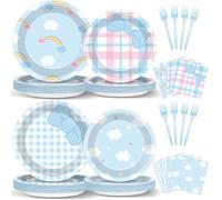 96Pcs Kawaii Party Decorations Cute Anime Tableware Set Cartoon Dinnerware Animations Theme Dinnerware Set Adorable Blue Bow Plates Napkins Forks for Baby Shower Kids Birthday Girls Theme Party