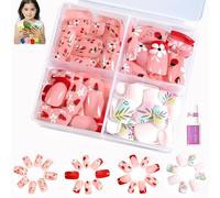 96Pcs Kids Press on Nails, Short Almond Fake Nails, Pink Floral Ladybug & Strawberry Design, Self-Adhesive Reusable ABS False Nails Kit