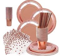 96pcs Rose Gold Foil Dots Paper Tableware, 24 Guest Party Dinnerware Set Party Tableware Set Party Supplies Disposable Party Paper Cups Plates Napkins Straws for Birthday Weddings Anniversary Decor