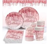 96pcs Rose Gold Party Tableware Set，Pink Rose Plates Cups and Napkins, Elegant Disposable Paper Plates Birthday Supplies for Women & Girls Pink Gold Theme, Diamond Design Birthday Party Decorations