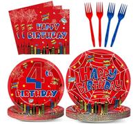 96Pcs Spider 4th Birthday Party Decorations Cartoon Spider Theme Plates Napkins Red Blue Hero Tableware set Super Theme Hero 4th Birthday Decoration Favors for Kids 4 Year Old Party Supplies Serve 24