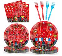 96Pcs Spider Theme Birthday Decorations Spider 5th Party Plates Napkins Super Theme Hero Supplies Cartoon Hero Red and Blue Birthday Decorations for Kids 5 Year Old Cityscape Party Tableware Serve 24