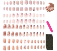 96Pcs Square Press On Nails, French Nude-Pink Series Series False Nails | Press On Nails Short with Bow Flower Pearl Sequin Patterns, Nails Press Ons DIY Manicure Set for Daily Wear and Holiday Gift