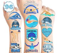 96PCS Swim Swimming Team Temporary Tattoos Summer Beach Pool Themed Birthday Party Decorations Favors Supplies Decor Sport Tattoo Stickers Gifts For Swimmers Kids Boys Girls School Prizes Carnival