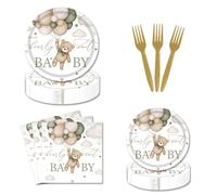 96PCS We Can Bearly Wait Bear Gender Neutral Baby Shower Plates and Napkins Serves 24, Includes Plates, Napkins, Forks, Green Boho Brown Teddy Bear for Girls Boys Birthday Baby Shower Party Supplies