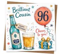 96th Birthday Card, Brilliant Cousin Beer & Balloon