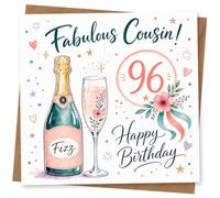 96th Birthday Card, Fabulous Cousin! Fizz Bottle & Glass | Cheerful 96th design with “Fabulous Cousin!”, big age number, Fizz champagne bottle, floral flute and confetti.