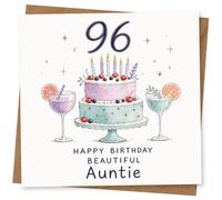 96th Birthday Card for Auntie - Happy Birthday Beautiful Auntie Card with Cake and Drinks