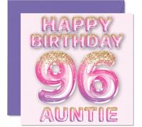 96th Birthday Card for Auntie - Pink & Purple Glitter Balloons - Happy Birthday Cards for 96 Year Old Aunt Aunty from Nephew Niece, 145mm Bday Greeting Cards Gift