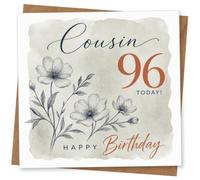 96th Birthday Card for Cousin, Floral Happy Birthday Card with Elegant Script Greeting