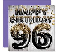 96th Birthday Card for Men - Black & Gold Glitter Balloons - Happy Birthday Cards for 96 Year Old Man Dad Great Grandad Grandpa Gran, 145mm Bday Greeting Cards Gift