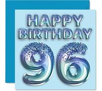 96th Birthday Card for Men - Blue Glitter Party Balloon - Happy Birthday Cards for 96 Year Old Man Great Grandpa Grandad Dad Gran, 145mm Bday Greeting Cards Gift