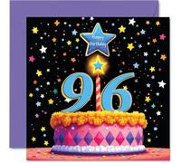 96th Birthday Cards for Men Women - Pink Cake & Stars - Happy Birthday Card for 96 Year Old Man Woman Auntie Uncle Grandad Nanny, 145mm Bday Greeting Cards