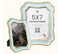 97 Decor Blue Gold Vintage Picture Frames 5x7 - Modern Luxury Ornate Frame 5x7 For Tabletop And Wall Hanging, Handcrafted Decorative Antique 5 By 7 Frame with Scalloped Edges