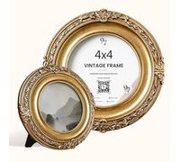 97 Decor Gold Vintage Picture Frame 4.5x4.5 - Antique Gold Picture Frame For Tabletop And Wall Hanging, Golden Round Frames 4.5x4.5, Rustic Decorative Ornate Frames 4.5 x 4.5 For Home Bedroom Decor