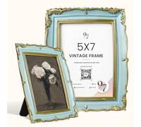 97 Decor Vintage Picture Frames 5x7 - Blue Gold 5 By 7 Pretty Frame, Fancy Picture Frames For Tabletop And Wall Hanging, Cool Ornate Decorative Antique Frame 5 x 7 For Home Bedroom
