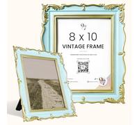 97 Decor Vintage Picture Frames 8x10 - Blue Gold 8 By 10 Pretty Frame, Fancy Picture Frames For Tabletop And Wall Hanging, Cool Ornate Decorative Antique Frame 8 x 10 For Home Bedroom