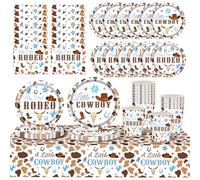 97 Pcs Western Cowboy Baby Shower Favors Bulk-48 Disposable Plates,24 Napkins,24 Cups and My First Rooeo Tablecloth (Blue)