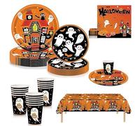 97Pcs Halloween Party Tableware Halloween Plastic Table Cloth,Paper Plates,Napkins Serviette and Cups,Bat Stitch Ghost Orange Dinnerware Set for Kids Halloween Party Supplier Table Decoration