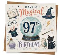 97th Birthday Card for Her, Crystal Ball and Cute Animals | A whimsical 97th for her: crystal ball, wizard hat and spell book, plus wand and sweet animal illustrations.