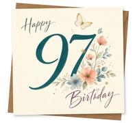 97th Birthday Card for Her, Large Teal 97 & Butterfly | A large teal 97 takes centre stage, surrounded by soft blossoms and a delicate butterfly for her 97th birthday.