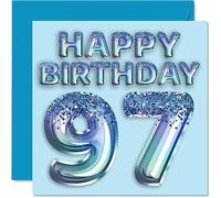 97th Birthday Card for Men - Blue Glitter Party Balloon - Happy Birthday Cards for 97 Year Old Man Great Grandpa Grandad Dad Gran, 145mm Greeting Cards Gift