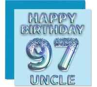 97th Birthday Card for Uncle - Blue Glitter Party Balloons - Happy Birthday Cards for 97 Year Old Uncle from Nephew Niece, 145mm Bday Greeting Cards Gift
