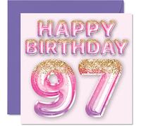 97th Birthday Card for Women - Pink & Purple Glitter Balloons - Happy Birthday Cards for 97 Year Old Woman Mum Great Nanny Grandma Gran, 145mm Greeting Cards Gift