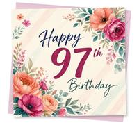 97th Birthday Card, Soft Watercolour Flowers & Script
