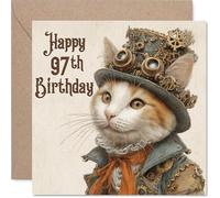 97th Birthday Cards for Men Women - Steam Punk Cat - Happy Birthday Card for 97 Year Old Man Woman Grandma Nanny Wife Dad, 145mm Bday Greeting Cards