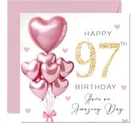 97th Birthday Cards for Women - Pink Glitter Balloons - Happy Birthday Card for 97 Year Old Woman Nanny Auntie Wife Gran, 145mm Bday Greeting Cards