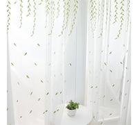 98" Dining Room Curtains - 2 Panels White Embroidered Gauze with Leaf Design Privacy Ring Clips for Living Room Window Treatments 138 x 98 Inch