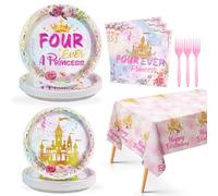 98 Pcs Princess Birthday Party Supplies Four Ever a Princess Plates Napkins Tablecloths Tableware Set Watercolor Pastel Rainbow Castle Party Decorations for Girl 4th Birthday Fairytale Party Serves 24
