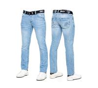 989Zé ENZO Mens Jeans Classic Straight Leg Casual Cotton Regular Fit Denim Pants Free Belt EZ384 Light Blue 40W / 32L