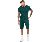 989Zé ENZO Mens Tracksuit T Shirt Shorts Set Regular Fit Plain Tee Crew Neck Top Casual Fleece Cargo Shorts EZTS603 & EZSC602 Green L