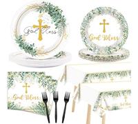 98pcs God Bless Plates Baptism Tableware First Holy Communion Mi Bautizo Disposable Tableware Set with Plates Napkins Tablecloth for Newborn Baby Shower Party Christening Religious Party Decorations