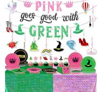 98Pcs Witch Princess Party Decorations Pink and Green Theme Tableware Set Changed for Good Paper Plates Napkins Backdrop Tablecloth Banner Cake Topper Hanging Swirl for Kids Baby Shower Supplies