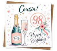98th Birthday Card, Cousin! Fizz Champagne & Floral Glass | Fun 98th birthday look: Cousin message with a champagne bottle marked “Fizz”, floral glass, confetti dots and hearts.