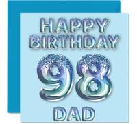 98th Birthday Card for Dad - Blue Glitter Party Balloons - Happy Birthday Cards for 98 Year Old Dad Father from Son Daughter, 145mm Bday Greeting Cards Gift