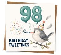 98th Birthday Card for Her, Birthday Tweetings Bird | Celebrate her 98th with teal balloon-style 98, “Birthday Tweetings” text, confetti and a party-hat bird on a branch.