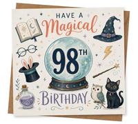 98th Birthday Card for Her, Crystal Ball, Hat and Wand | Whimsical wizard theme for her 98th, with crystal ball centrepiece, playful spellbook, wand and charming animals.