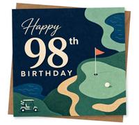 98th Birthday Card for Her, Golf Green and Buggy | Golf-course design for her 98th, showing a putting flag, ball and buggy alongside bold “Happy 98th Birthday” text.
