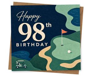 98th Birthday Card for Her, Golf Green and Buggy | Golf-course design for her 98th, showing a putting flag, ball and buggy alongside bold “Happy 98th Birthday” text.