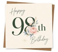 98th Birthday Card for Her, Green Numbers and Pink Peony | Features large dark green “98th” with a blush-pink peony and greenery, plus handwritten-style “Happy Birthday” for her.