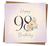 98th Birthday Card for Her, Happy Peach Blossom | Large “Happy 98th Birthday” lettering with peach blossoms, sage-green leaves and tiny gold dots-made for her 98th.