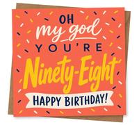 98th Birthday Card for Her, ‘Oh My God’ Sprinkles | Coral confetti-sprinkle background with ‘Oh my god you’re Ninety-Eight’ and ‘Happy Birthday!’ for her 98th.