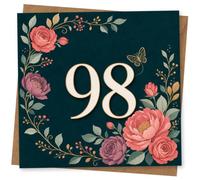 98th Birthday Card for Her, Roses, Foliage and Large 98 | Features a large 98 framed by roses, leafy sprigs and delicate botanical details on deep teal to celebrate her 98th.