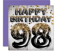 98th Birthday Card for Men - Black & Gold Glitter Balloons - Happy Birthday Cards for 98 Year Old Man Dad Great Grandad Grandpa Gran, 145mm Greeting Cards Gift
